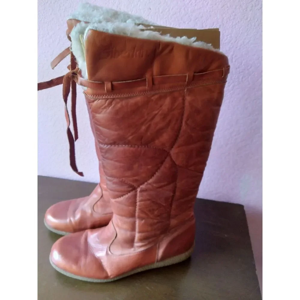 Siberian‎ Leather Boots Knee High Pull On Winter Lined Brown Size?